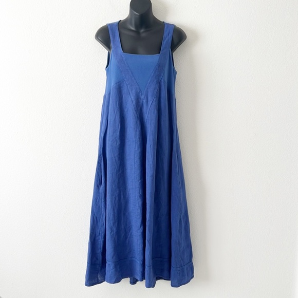 100% Linen MIDI Lagenlook Blue Sleeveless Dress - Picture 1 of 13
